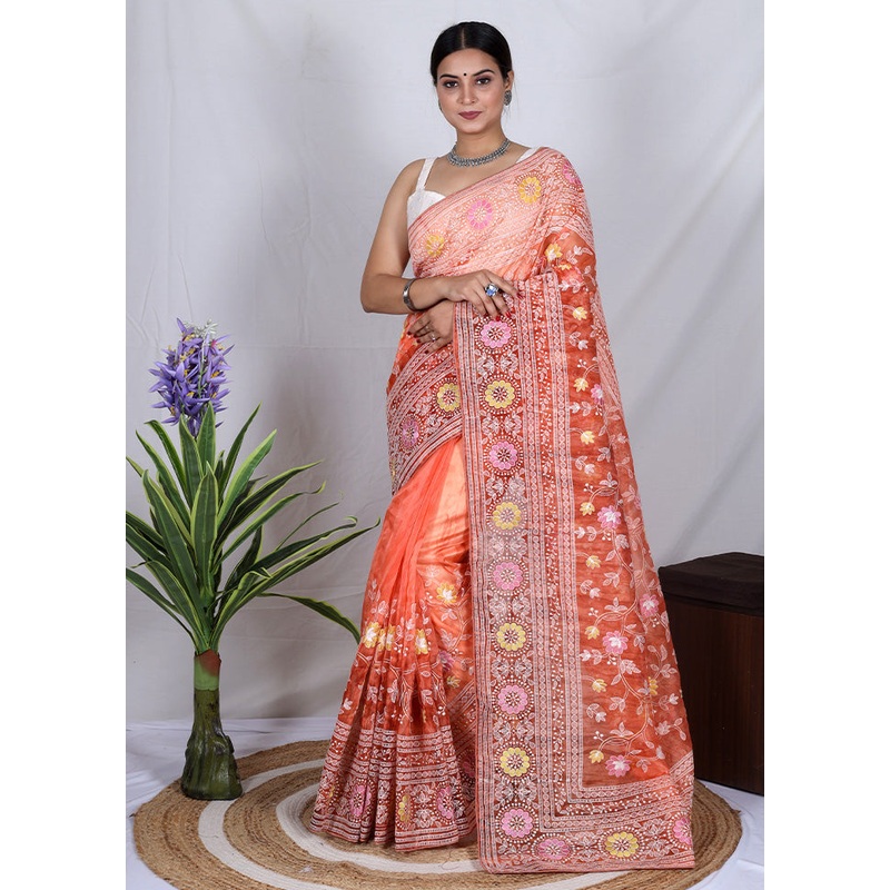 Yellow Organza Saree With Blouse Piece - JD986585825