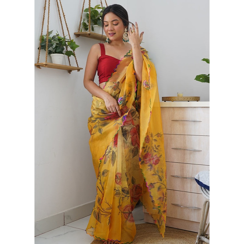 Yellow Organza Saree With Blouse Piece - JD986585827