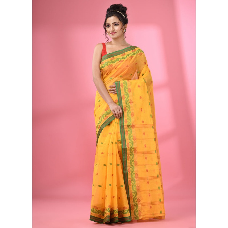 Yellow Pure Cotton Saree With Blouse Piece - JD986585801