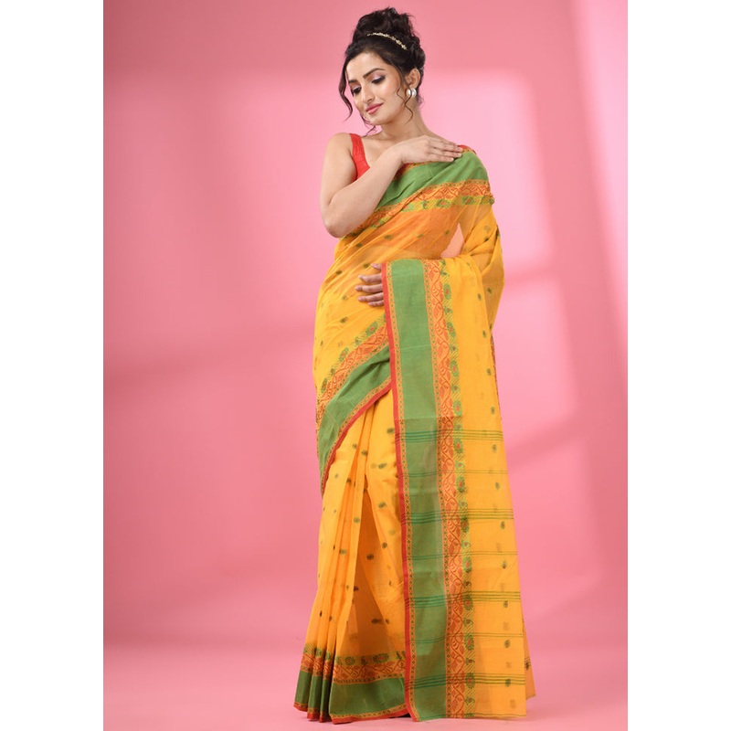 Yellow Pure Cotton Saree With Blouse Piece - JD986585802