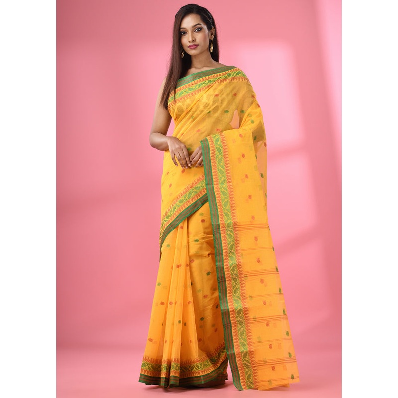 Yellow Pure Cotton Saree With Blouse Piece - JD986585803