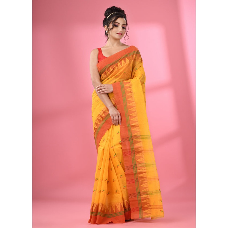 Yellow Pure Cotton Saree With Blouse Piece - JD986585804