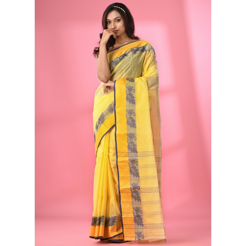 Yellow Pure Cotton Saree With Blouse Piece - JD986585805
