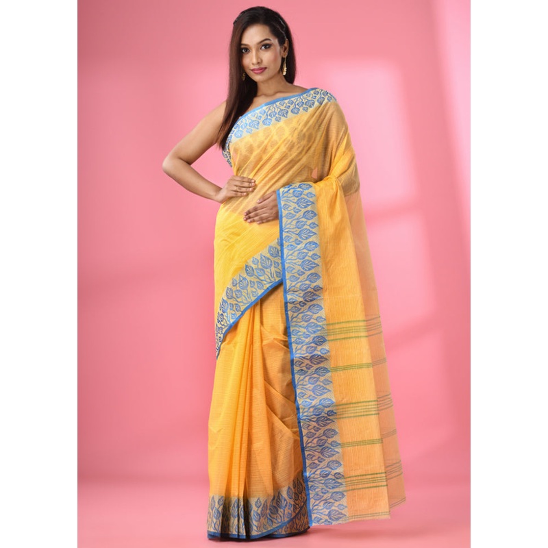 Yellow Pure Cotton Saree With Blouse Piece - JD986585806