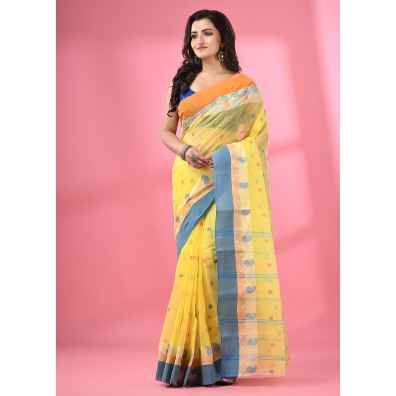 Yellow Pure Cotton Saree With Blouse Piece - JD986585807