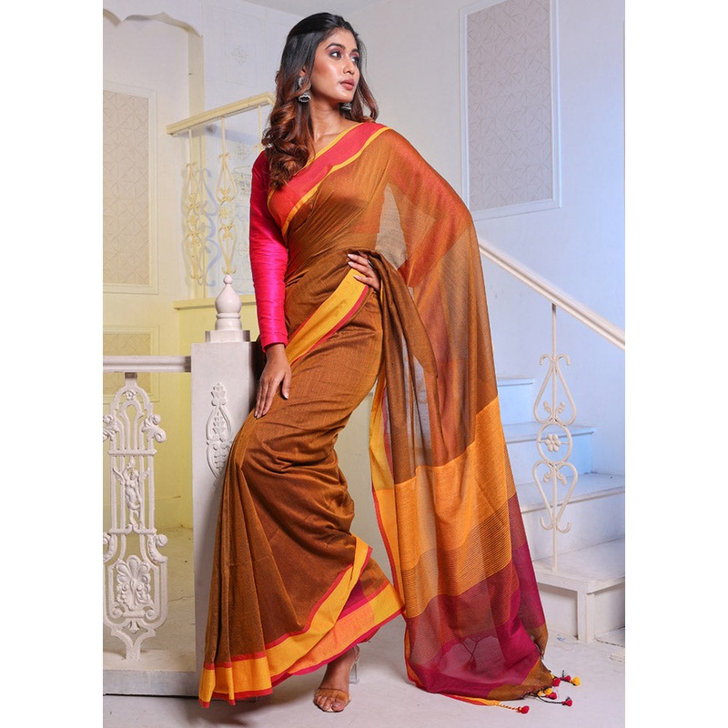 Yellow Pure Cotton Saree With Blouse Piece - JD986585808