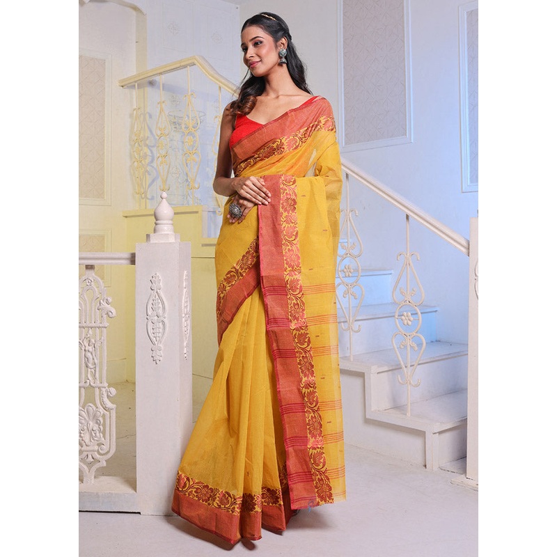 Yellow Pure Cotton Saree With Blouse Piece - JD986585809