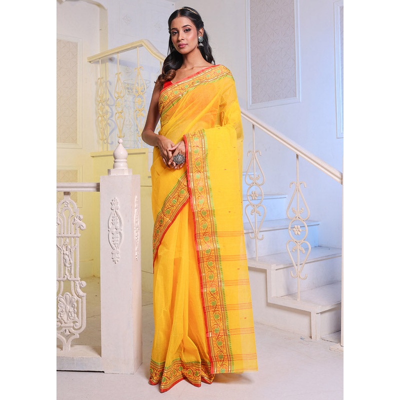 Yellow Pure Cotton Saree With Blouse Piece - JD986585810