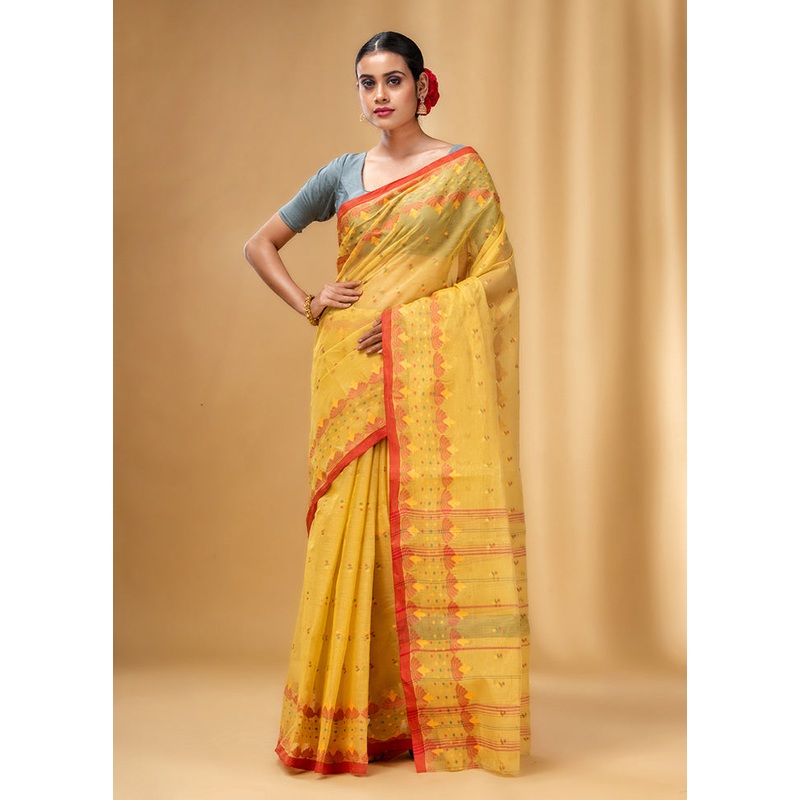 Yellow Pure Cotton Saree With Blouse Piece - JD986585811