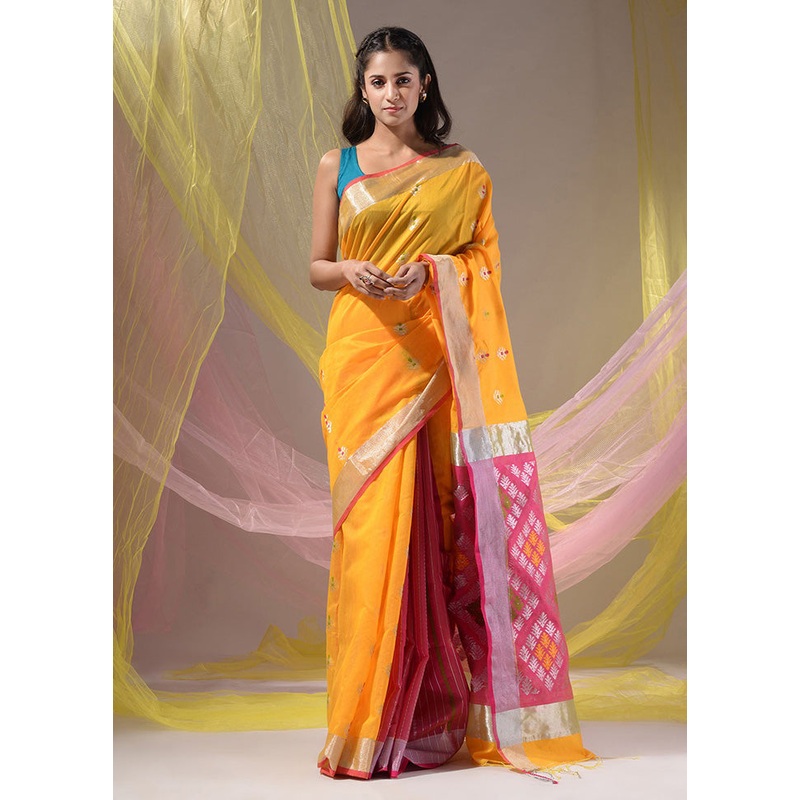 Yellow Pure Cotton Saree With Blouse Piece - JD986585812
