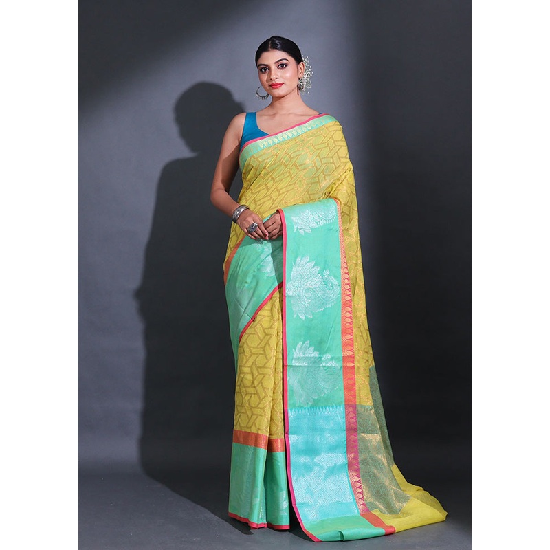 Yellow Pure Cotton Saree With Blouse Piece - JD986585813