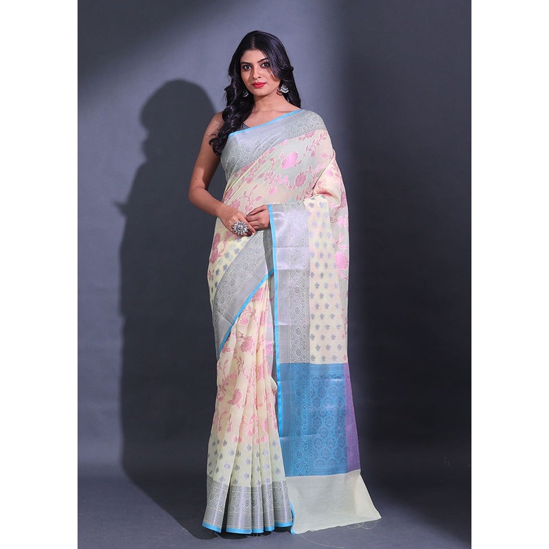 Yellow Pure Cotton Saree With Blouse Piece - JD986585814