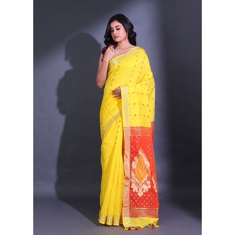 Yellow Pure Cotton Saree With Blouse Piece - JD986585815