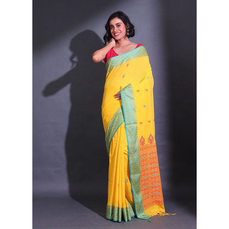 Yellow Pure Cotton Saree With Blouse Piece - JD986585816