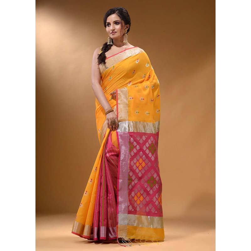 Yellow Pure Cotton Saree With Blouse Piece - JD986585817