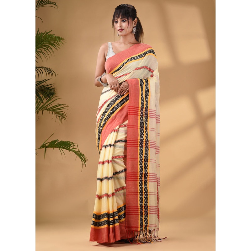 Yellow Pure Cotton Saree With Blouse Piece - JD986585820