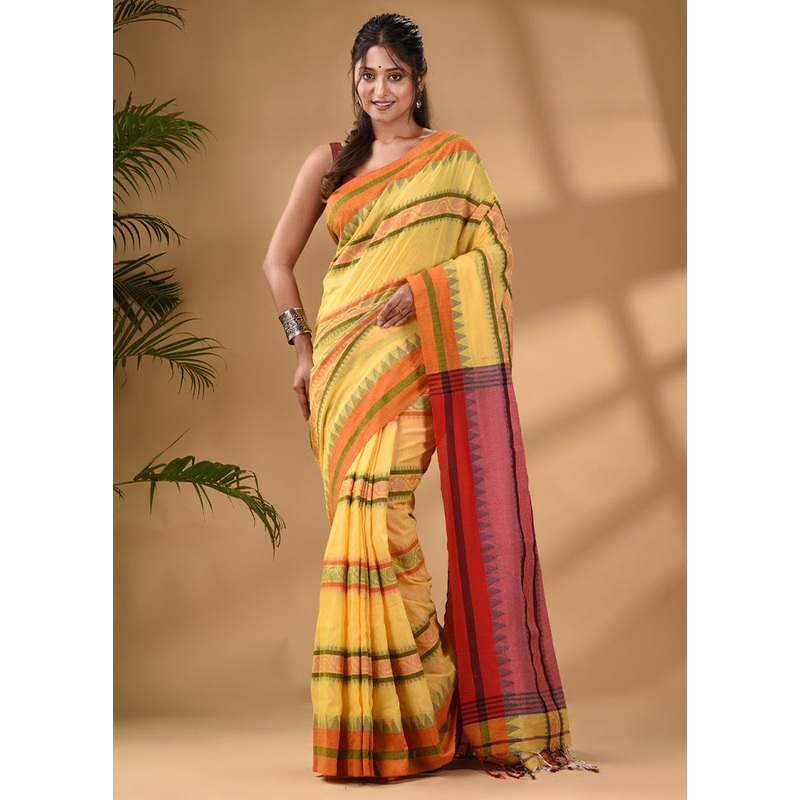 Yellow Pure Cotton Saree With Blouse Piece - JD986585821