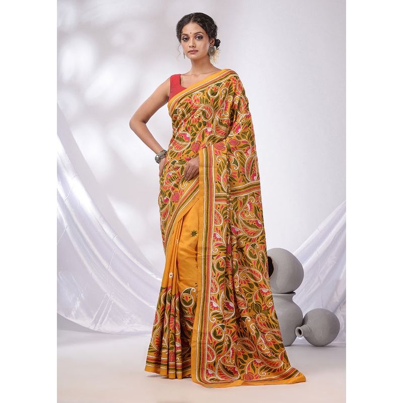 Yellow Spun Pure Silk Saree With Blouse Piece - JD986585786