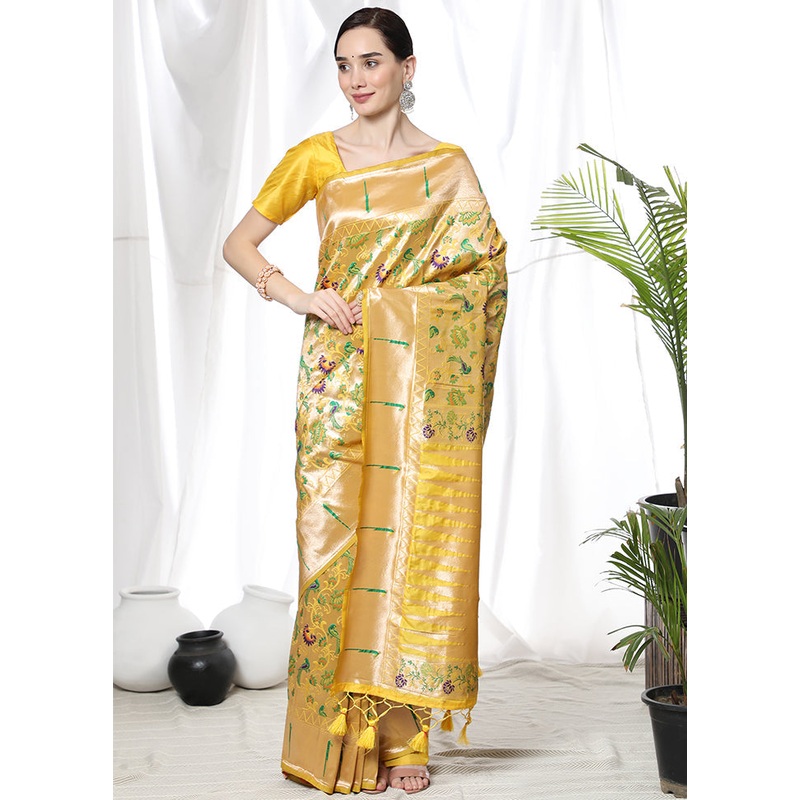 Yellow Spun Silk Saree With Blouse Piece - JD986585779