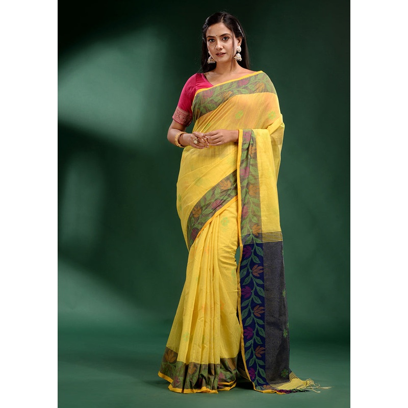 Yellow Spun Silk Saree With Blouse Piece - JD986585780