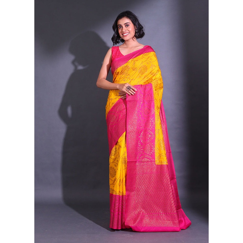 Yellow Spun Silk Saree With Blouse Piece - JD986585781