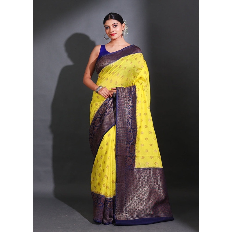 Yellow Spun Silk Saree With Blouse Piece - JD986585783