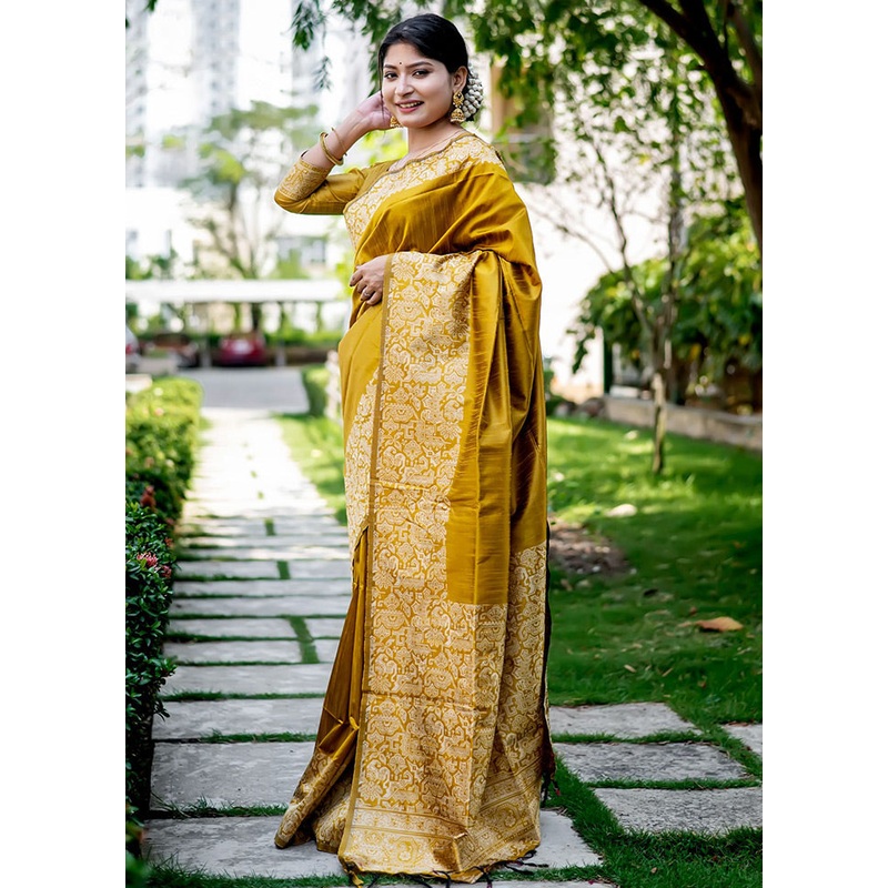 Yellow Spun Silk Saree With Blouse Piece - JD986585785