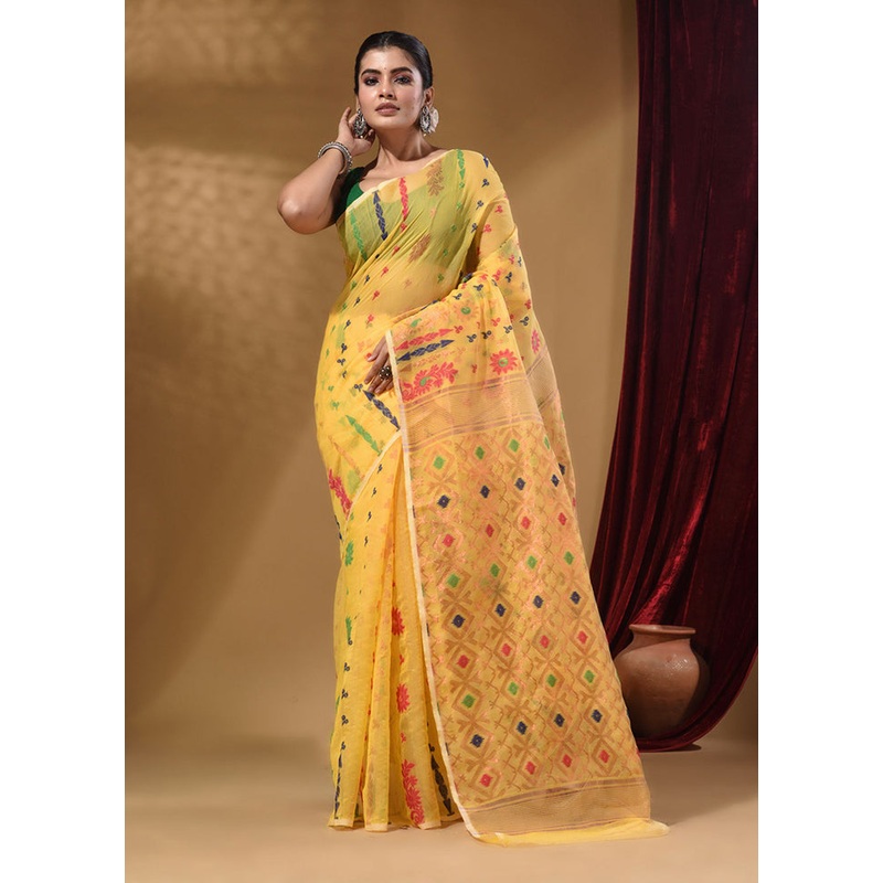 Yellow Tant Jamdani Saree With Blouse Piece - JD986585776