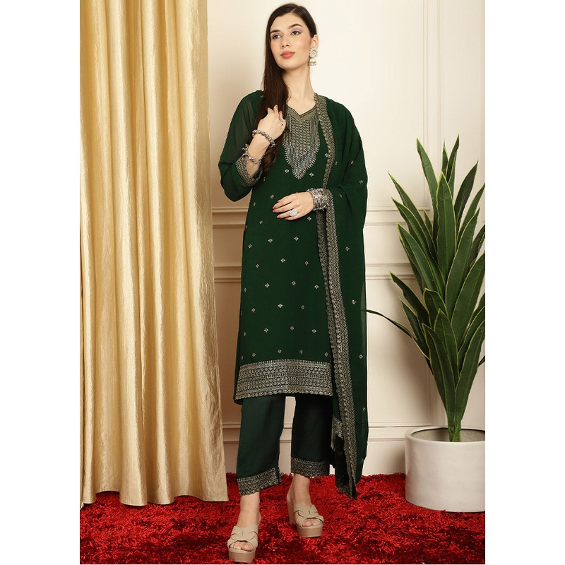 3 Pc Green Unstitched Georgette Suit Set - JD986585616