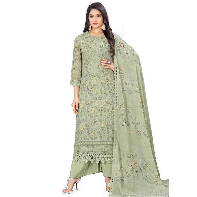 3 Pc Green Unstitched Georgette Suit Set - JD986585617
