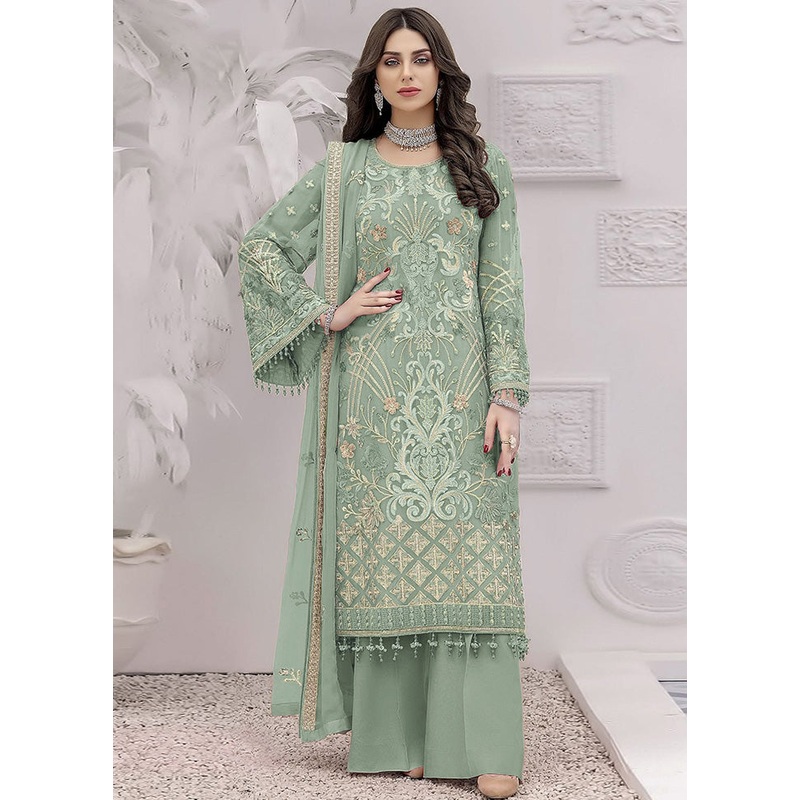 3 Pc Green Unstitched Georgette Suit Set - JD986585618