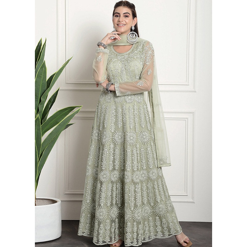3 Pc Green Unstitched Net Suit Set - JD986585613