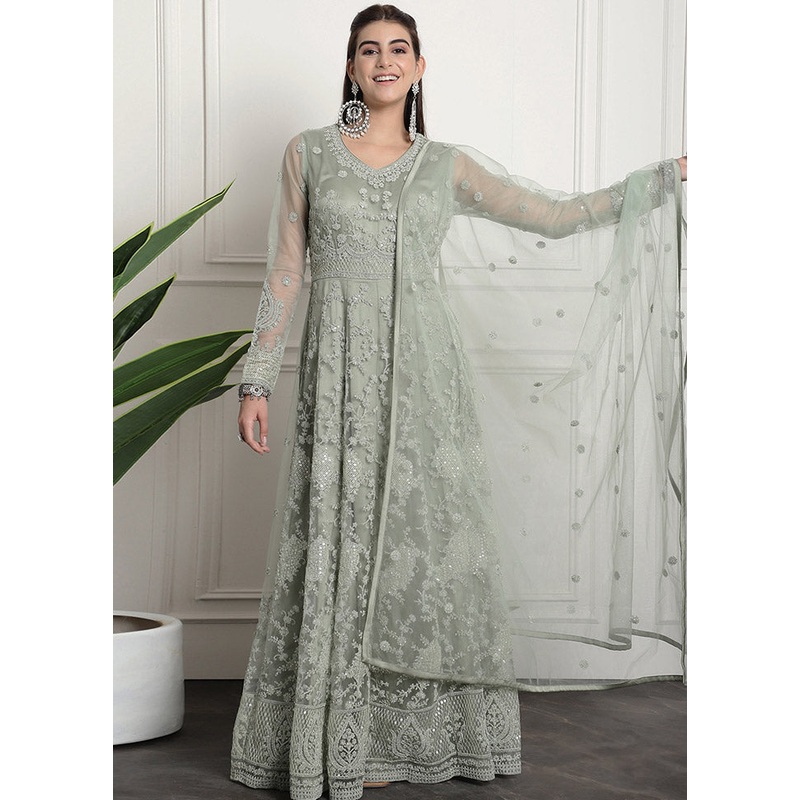 3 Pc Green Unstitched Net Suit Set - JD986585614