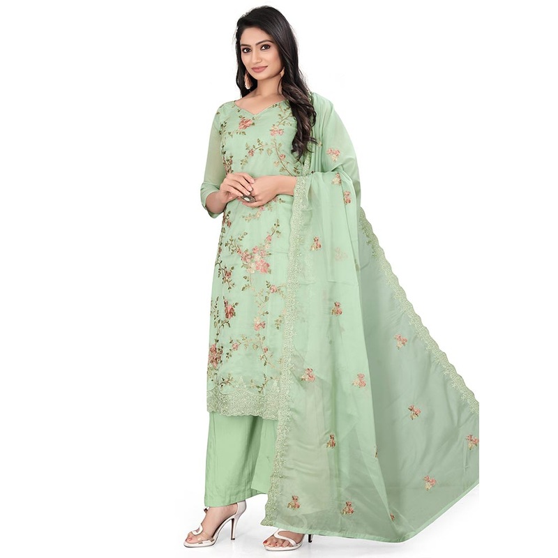 3 Pc Green Unstitched Net Suit Set - JD986585615