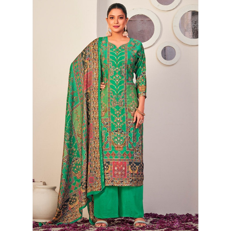 3 Pc Green Unstitched Silk Suit Set - JD986585603