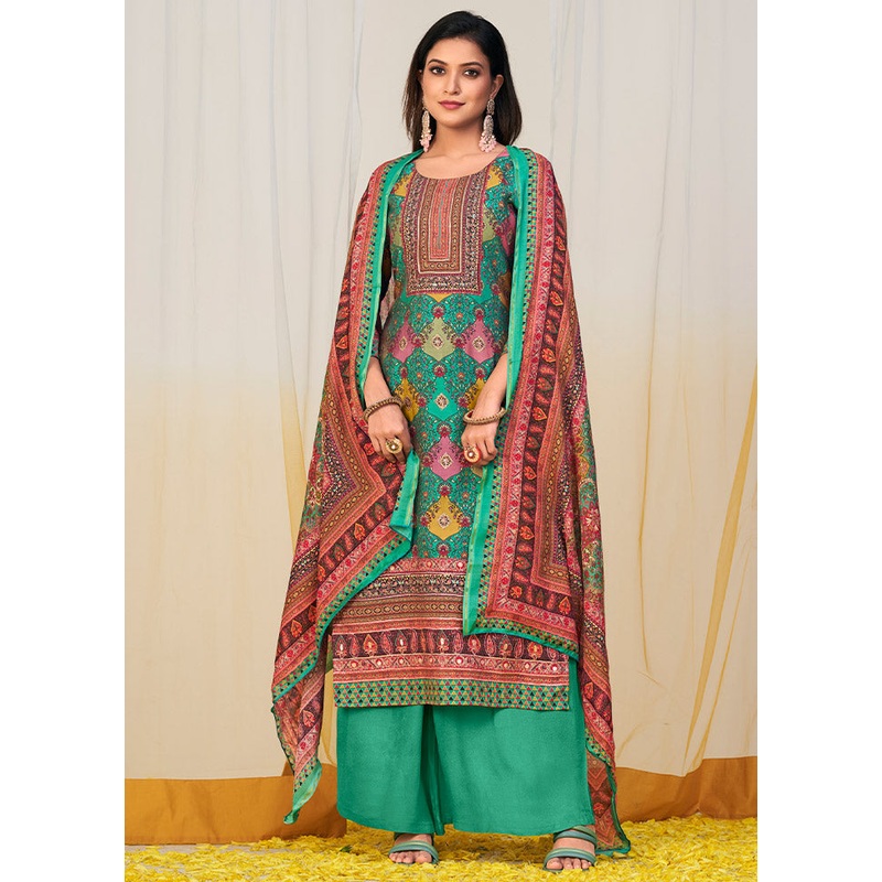 3 Pc Green Unstitched Silk Suit Set - JD986585604