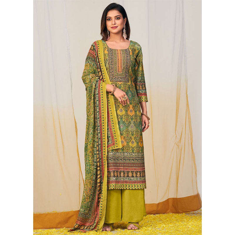3 Pc Green Unstitched Silk Suit Set - JD986585605