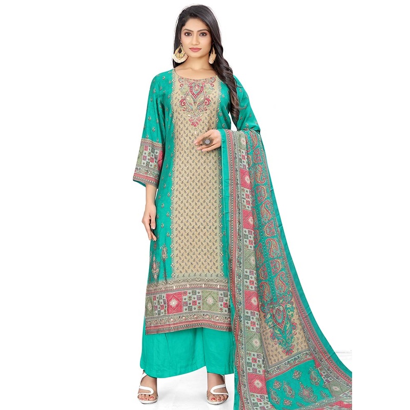 3 Pc Green Unstitched Silk Suit Set - JD986585606