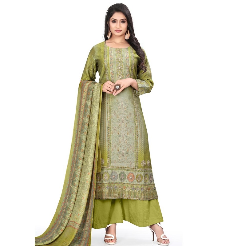 3 Pc Green Unstitched Silk Suit Set - JD986585607
