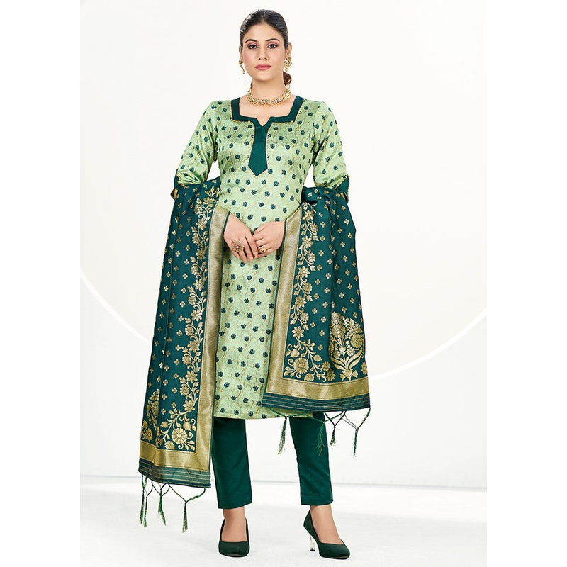 3 Pc Green Unstitched Silk Suit Set - JD986585608