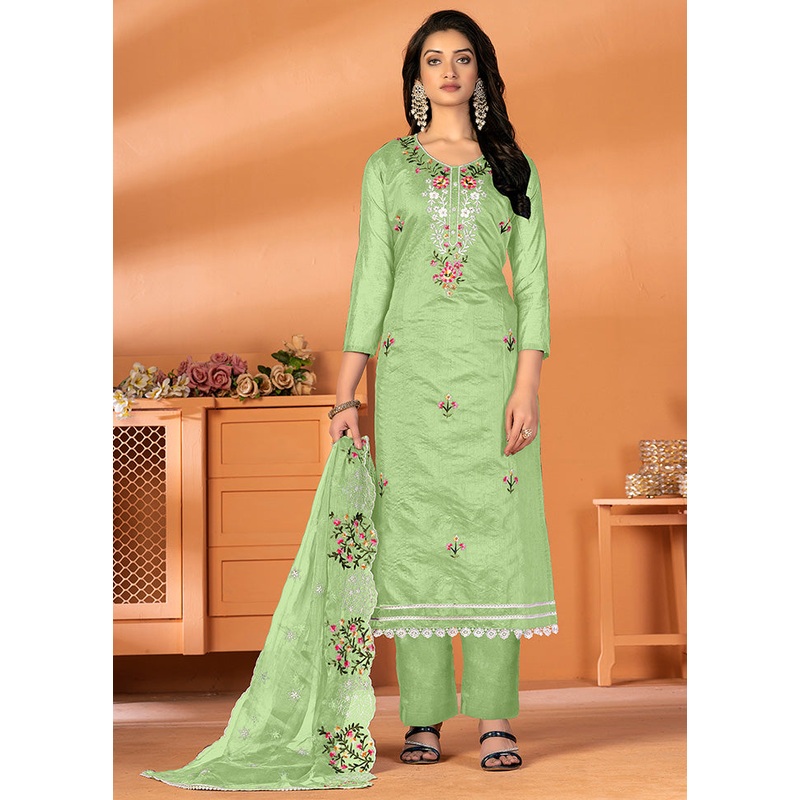 3 Pc Green Unstitched Silk Suit Set - JD986585609