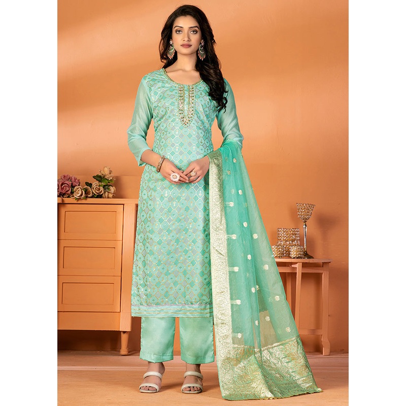 3 Pc Green Unstitched Silk Suit Set - JD986585610