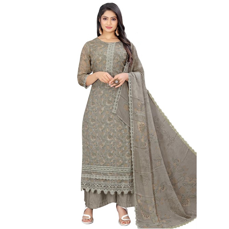 3 Pc Grey Unstitched Georgette Suit Set - JD986585595