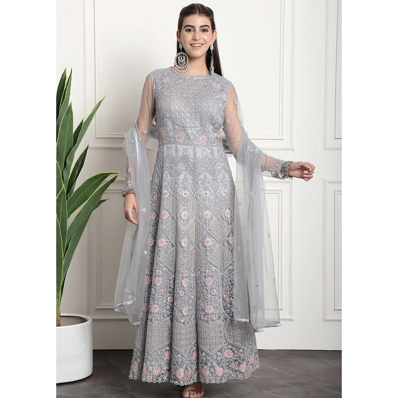 3 Pc Grey Unstitched Net Suit Set - JD986585593