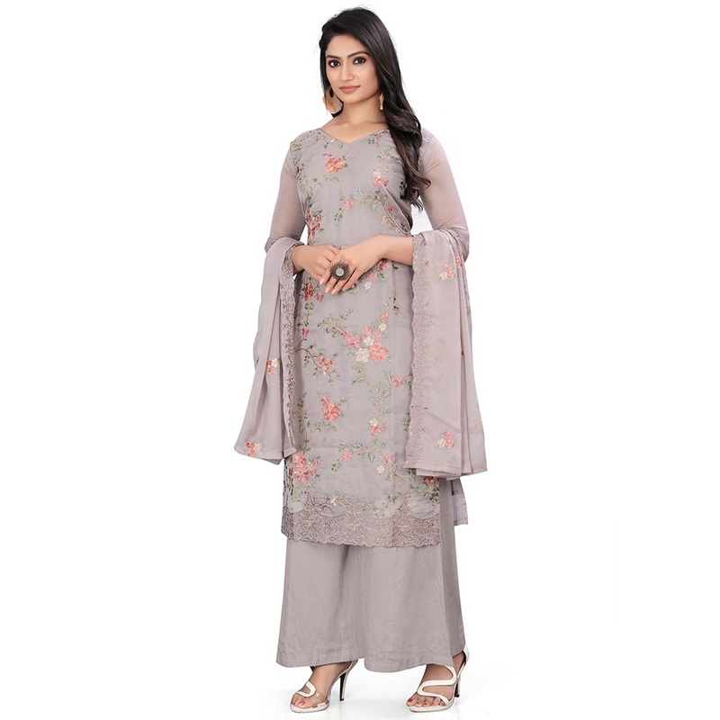 3 Pc Grey Unstitched Net Suit Set - JD986585594