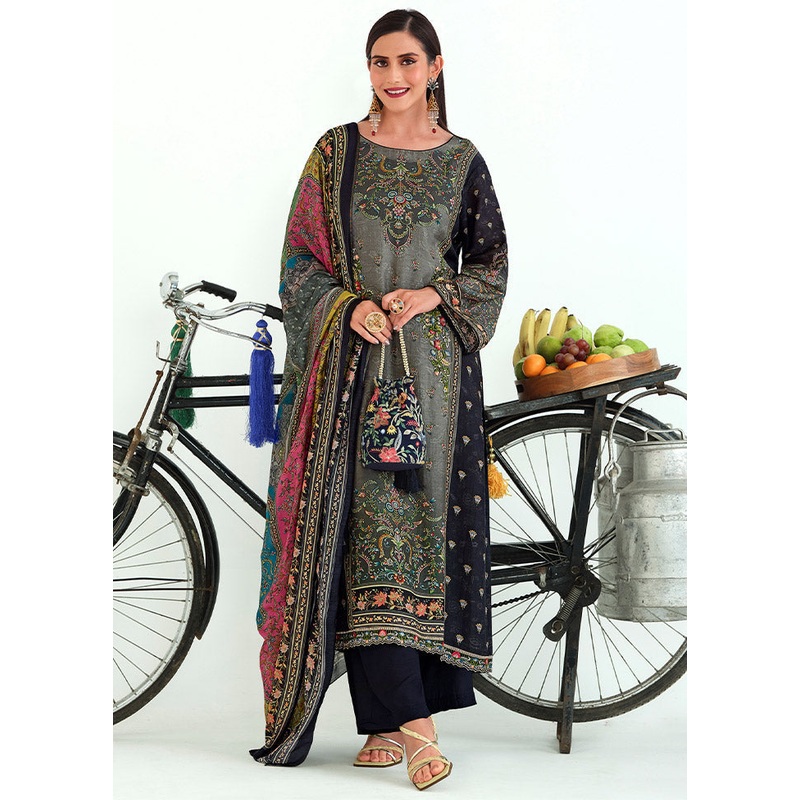 3 Pc Grey Unstitched Pashmina Suit Set - JD986585592