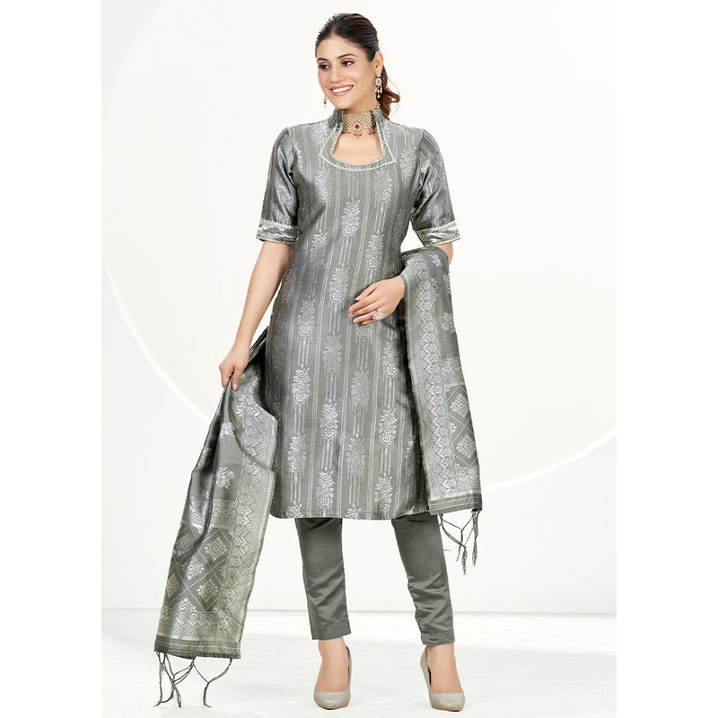 3 Pc Grey Unstitched Silk Suit Set - JD986585590