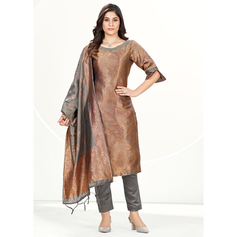 3 Pc Grey Unstitched Silk Suit Set - JD986585591