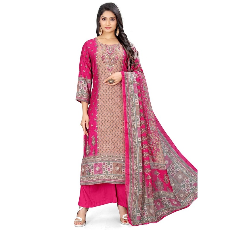 3 Pc Magenta Unstitched Silk Suit Set - JD986585585