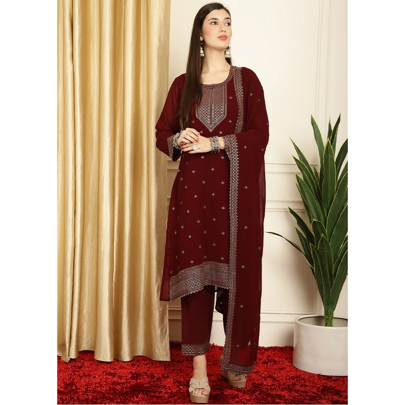 3 Pc Maroon Unstitched Georgette Suit Set - JD986585574